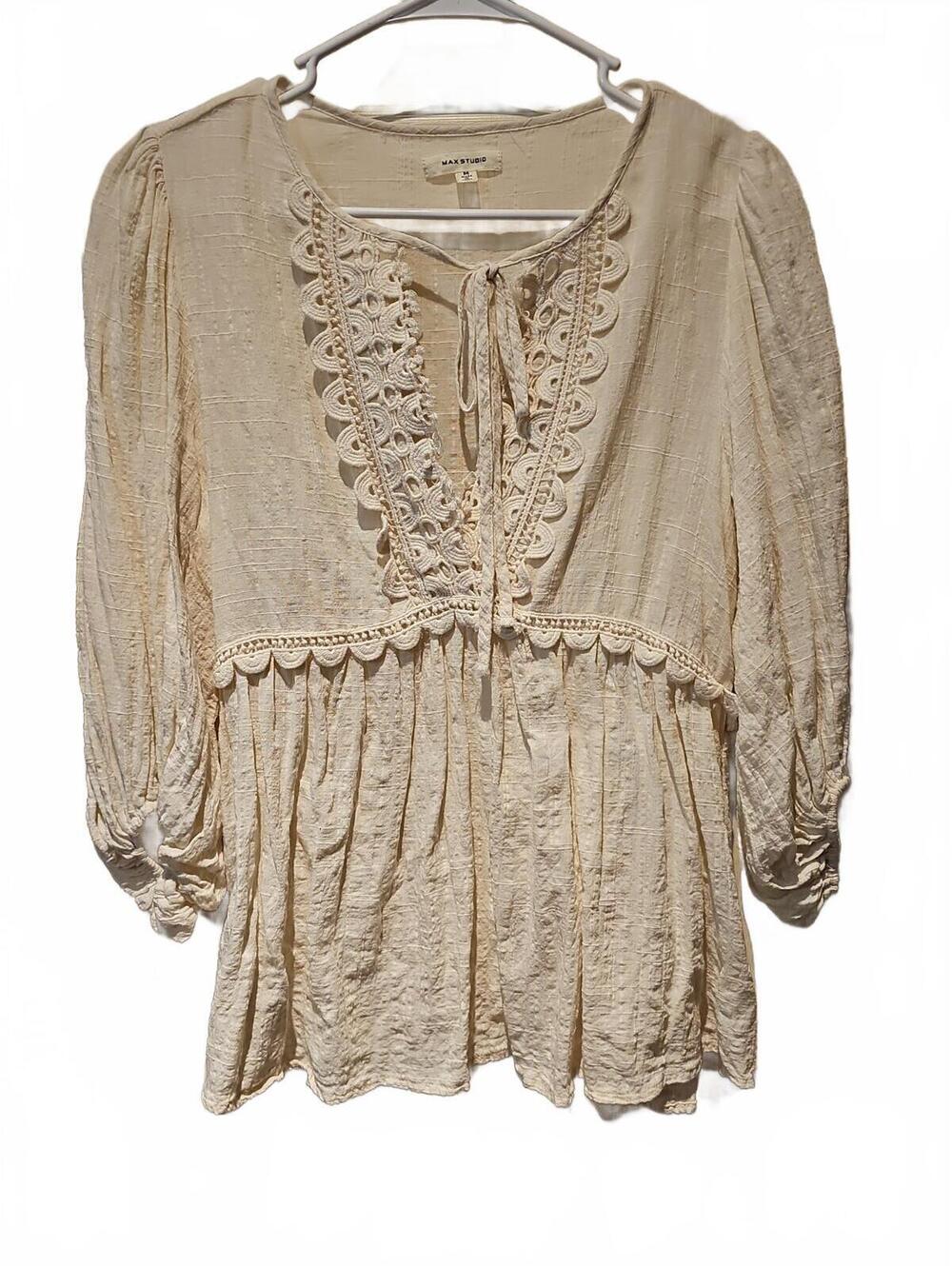 Max Studio Boho Retro Cottage Peasant Ivory Top Size Medium